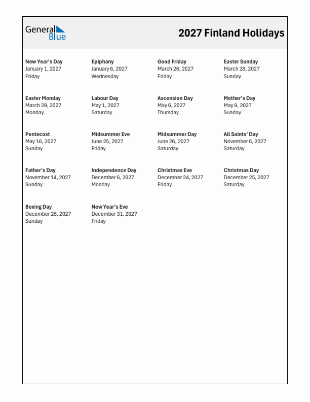 Free printable list of Finland holidays for year 2027