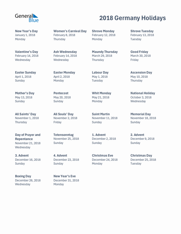 Free printable list of Germany holidays for year 2018