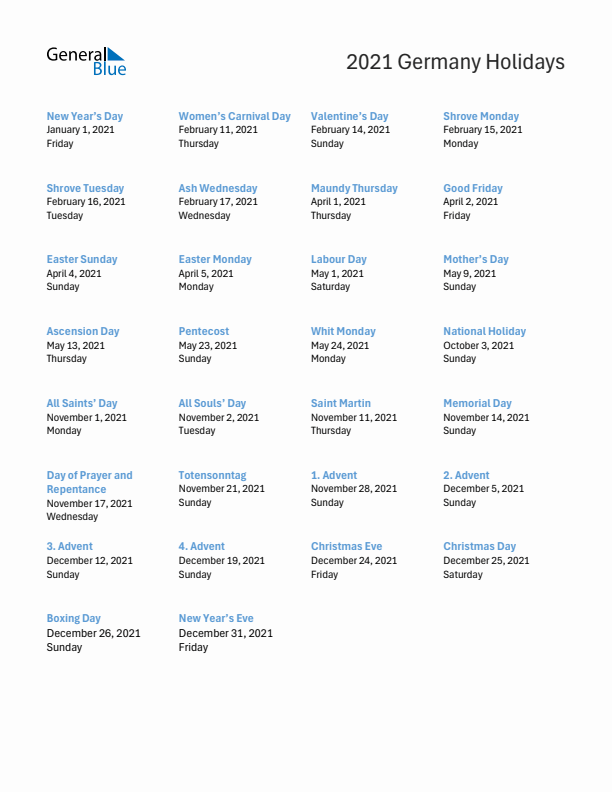 Free printable list of Germany holidays for year 2021