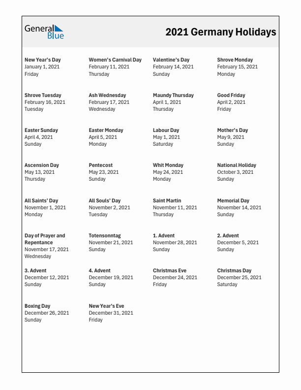 Free printable list of Germany holidays for year 2021