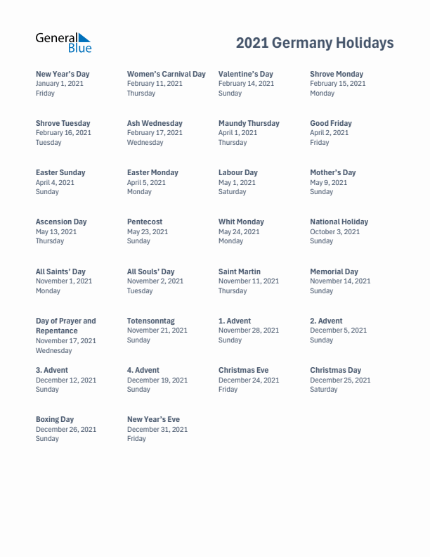 Free printable list of Germany holidays for year 2021