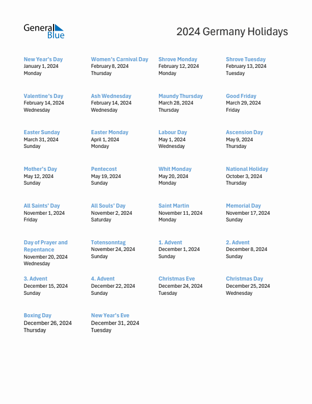 Free printable list of Germany holidays for year 2024