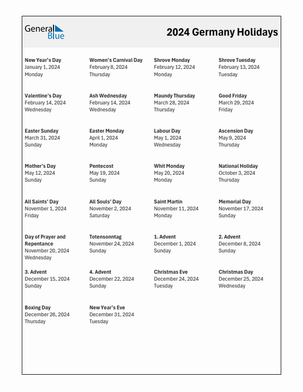 Free printable list of Germany holidays for year 2024