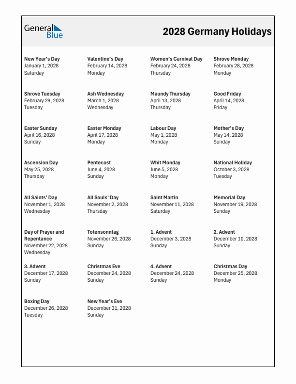 Free printable list of Germany holidays for year 2028