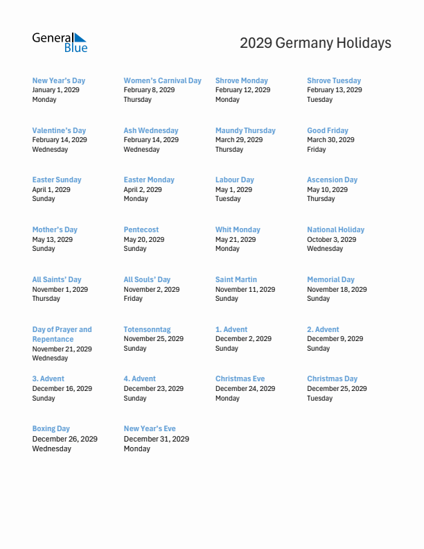 Free printable list of Germany holidays for year 2029