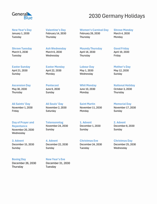 Free printable list of Germany holidays for year 2030