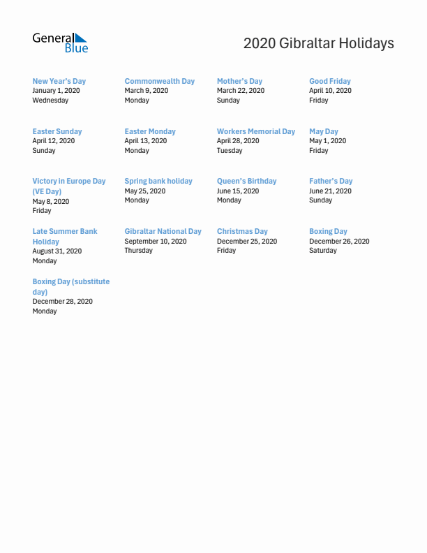 Free printable list of Gibraltar holidays for year 2020