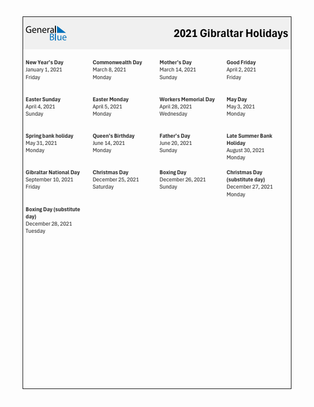 Free printable list of Gibraltar holidays for year 2021