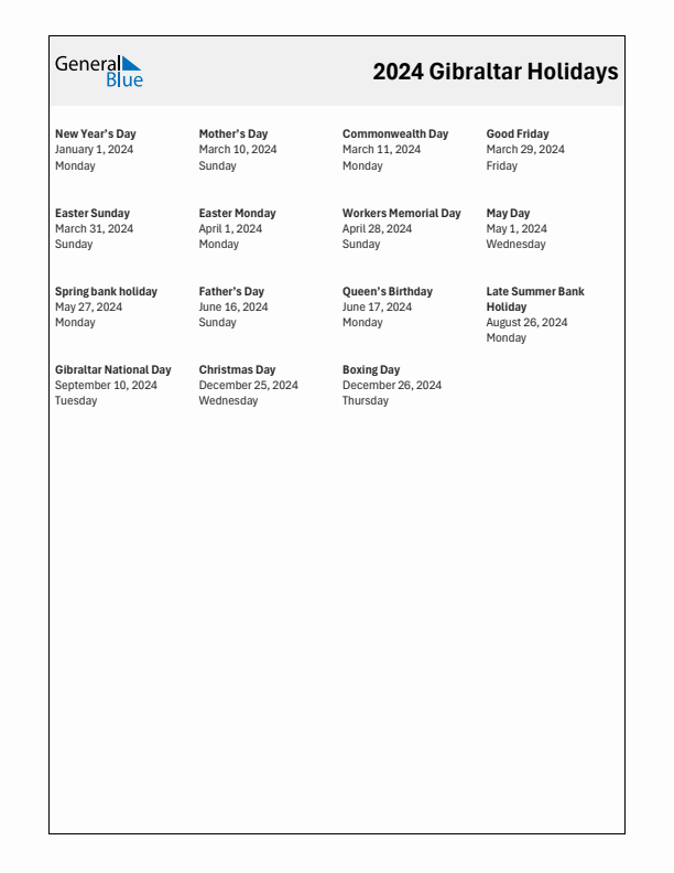 Free printable list of Gibraltar holidays for year 2024
