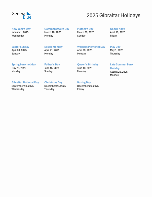 Free printable list of Gibraltar holidays for year 2025