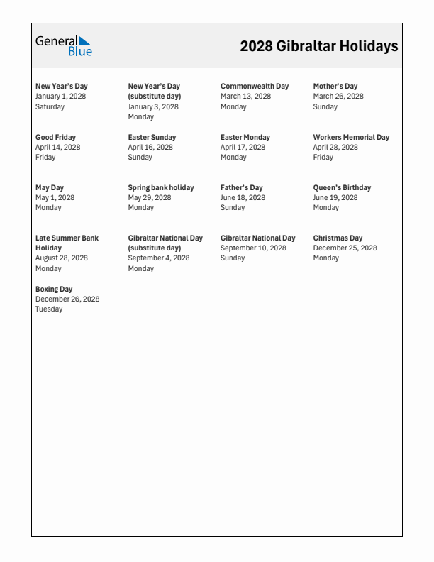 Free printable list of Gibraltar holidays for year 2028