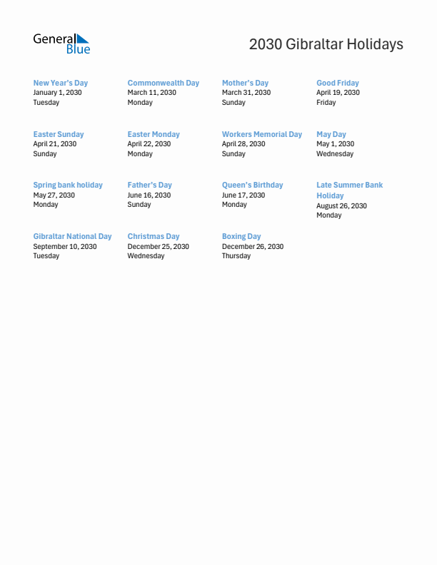 Free printable list of Gibraltar holidays for year 2030