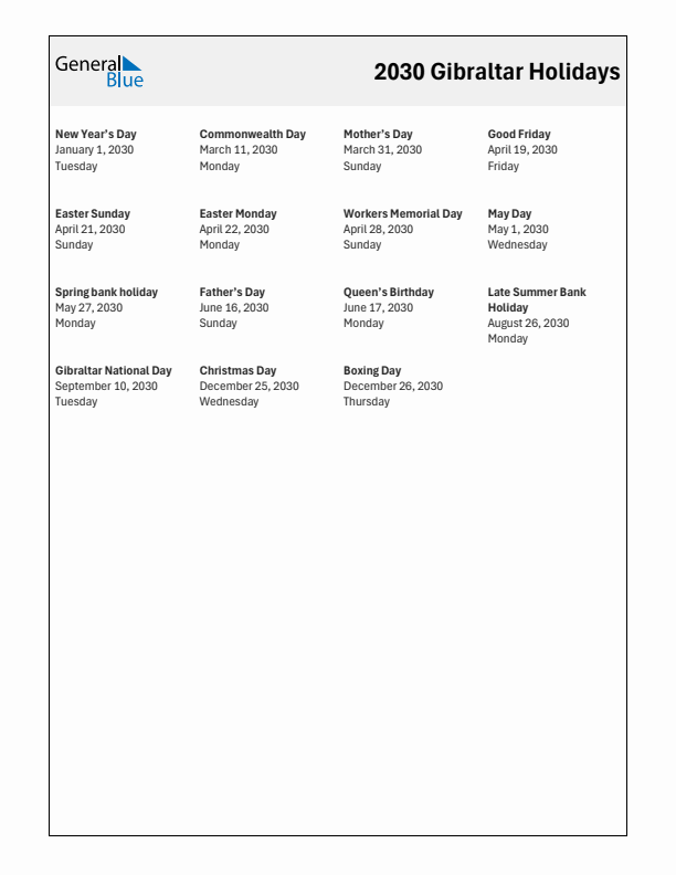 Free printable list of Gibraltar holidays for year 2030