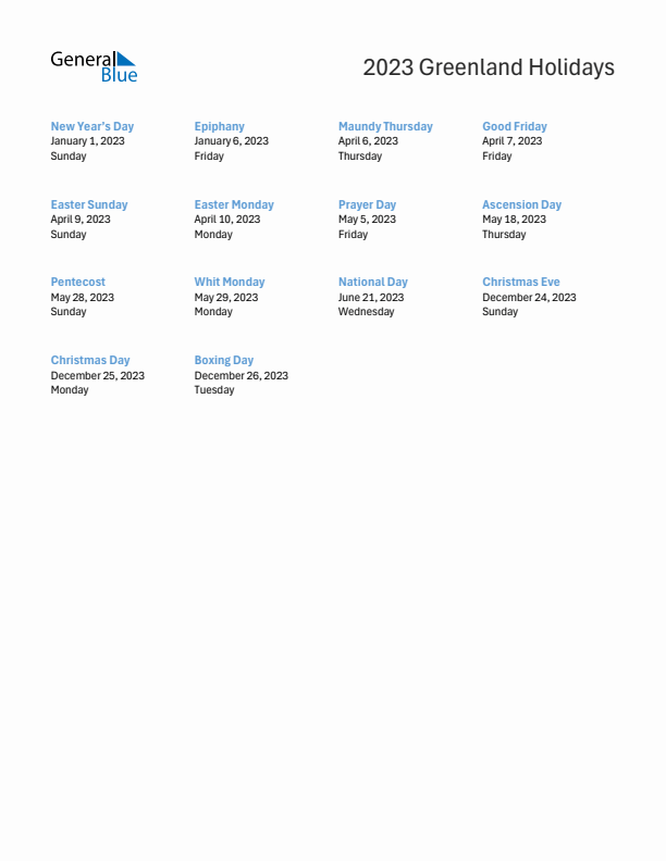 Free printable list of Greenland holidays for year 2023