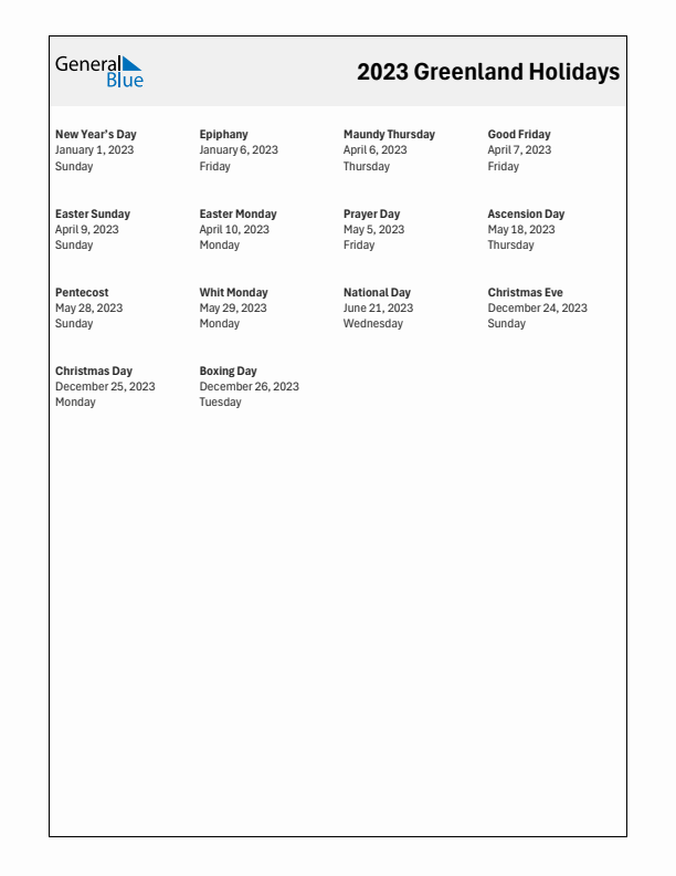 Free printable list of Greenland holidays for year 2023