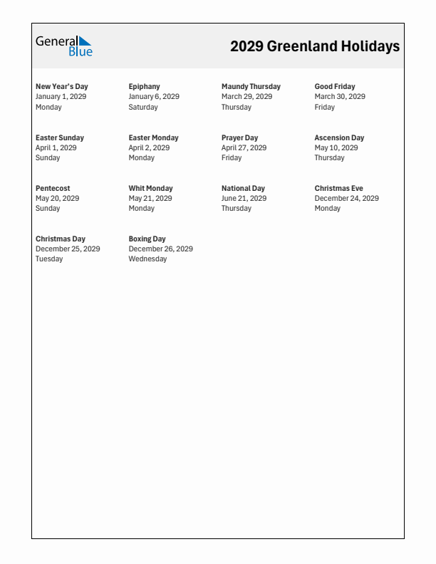 Free printable list of Greenland holidays for year 2029