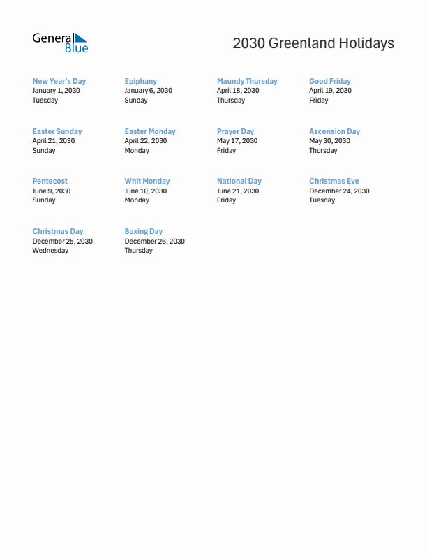 Free printable list of Greenland holidays for year 2030