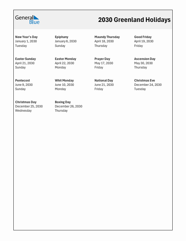 Free printable list of Greenland holidays for year 2030