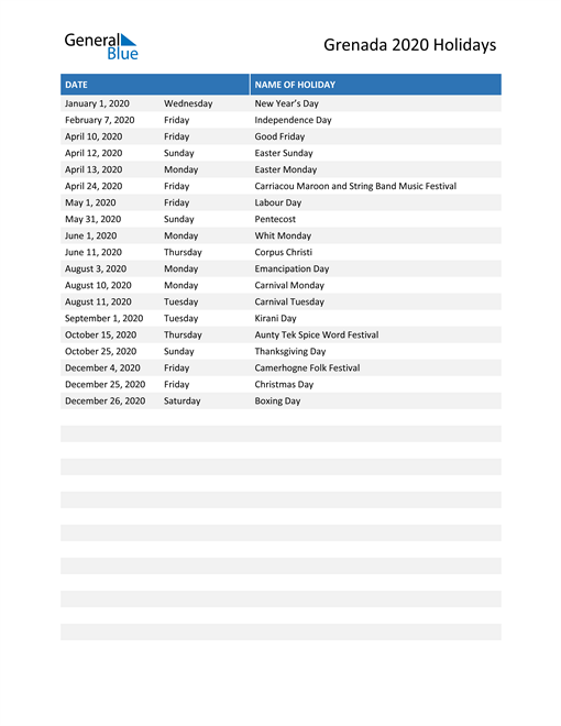 Grenada Holidays 2020 In PDF, Word And Excel