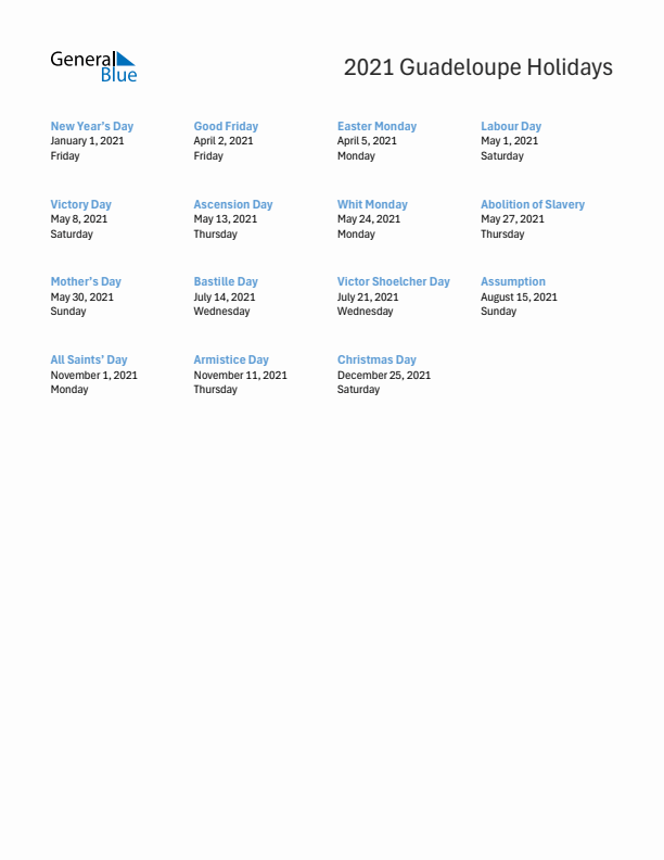 Free printable list of Guadeloupe holidays for year 2021