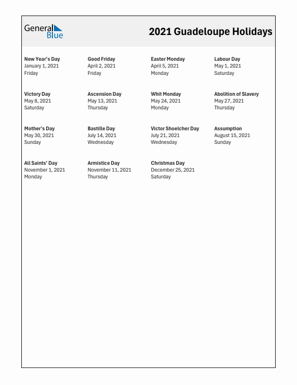 Free printable list of Guadeloupe holidays for year 2021