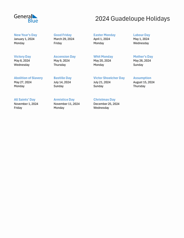 Free printable list of Guadeloupe holidays for year 2024