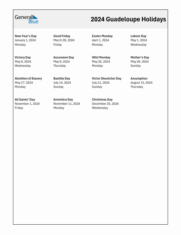 Free printable list of Guadeloupe holidays for year 2024