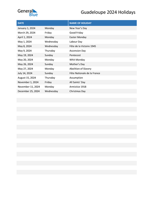 Guadeloupe Holidays 2024 in PDF, Word and Excel