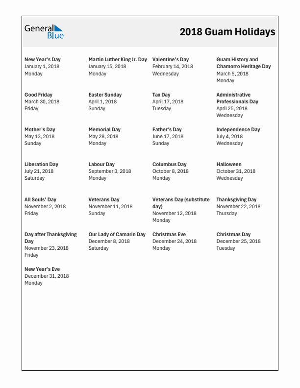 Free printable list of Guam holidays for year 2018