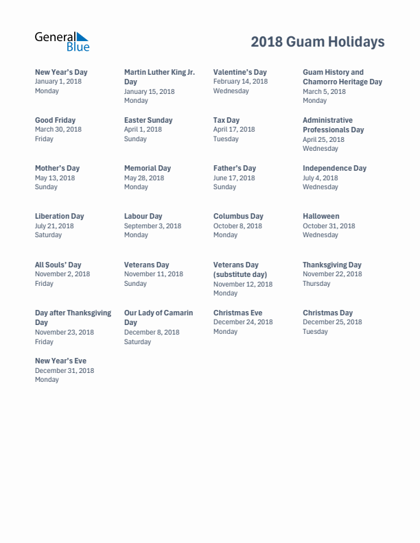 Free printable list of Guam holidays for year 2018