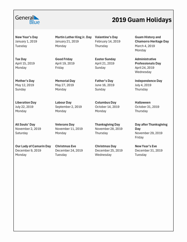 Free printable list of Guam holidays for year 2019