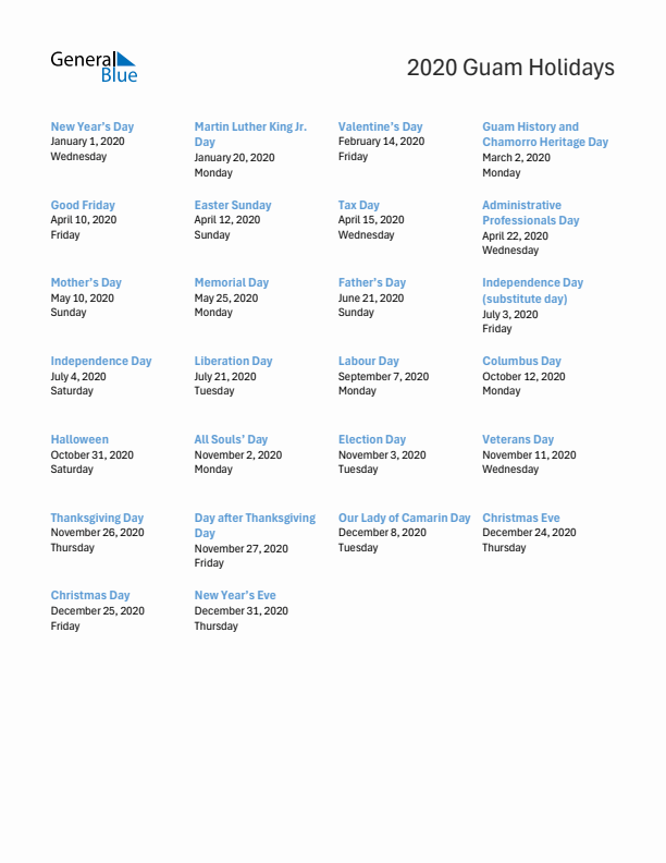 Free printable list of Guam holidays for year 2020