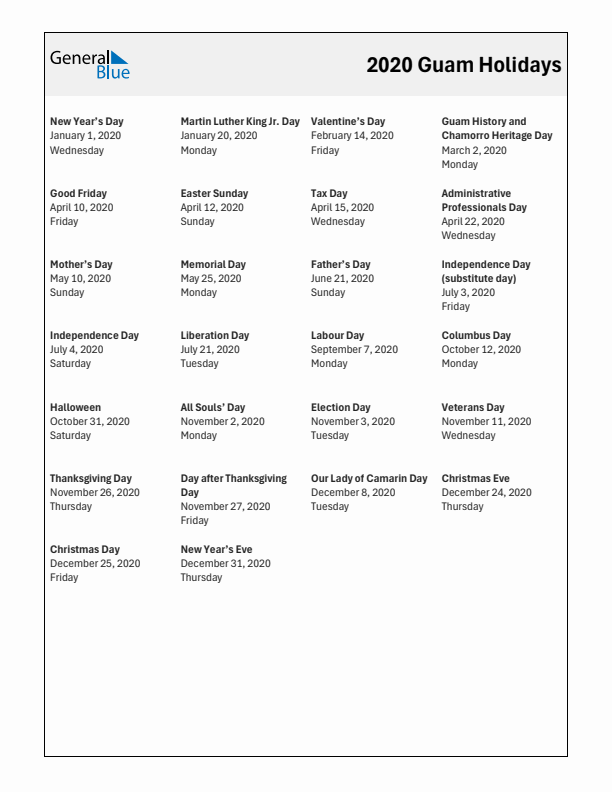 Free printable list of Guam holidays for year 2020