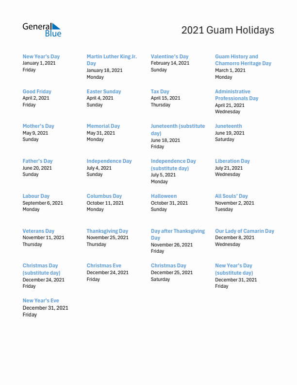 Free printable list of Guam holidays for year 2021