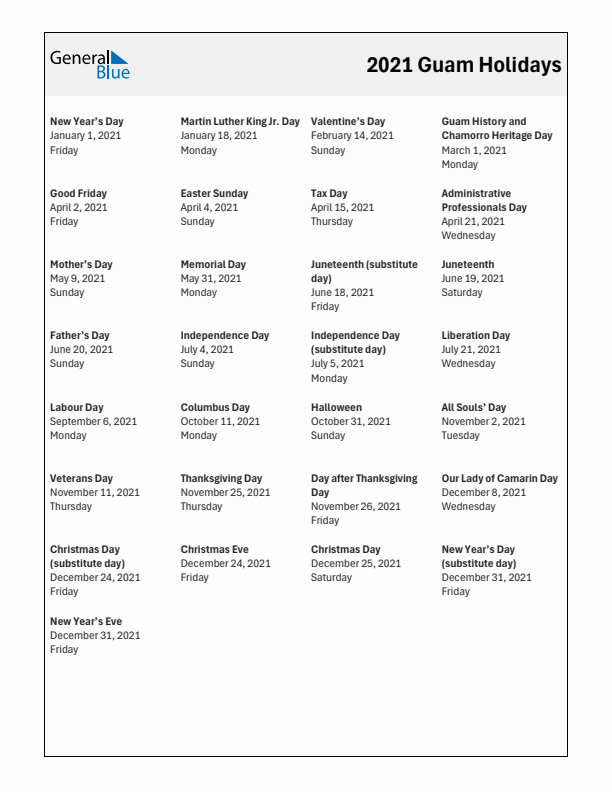 Free printable list of Guam holidays for year 2021