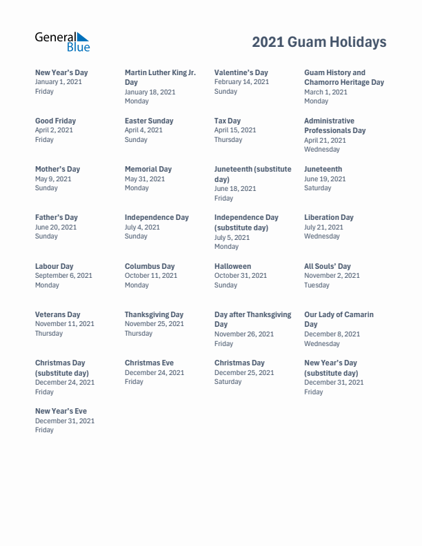 Free printable list of Guam holidays for year 2021