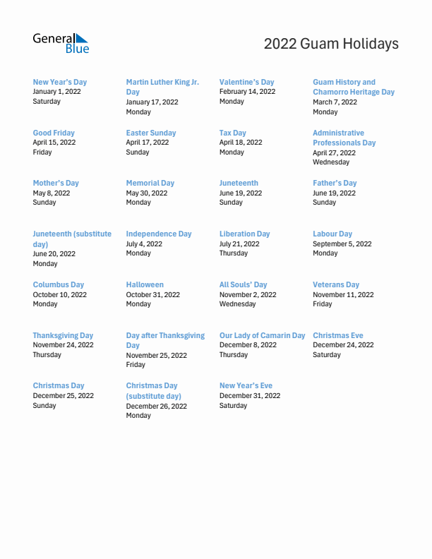 Free printable list of Guam holidays for year 2022