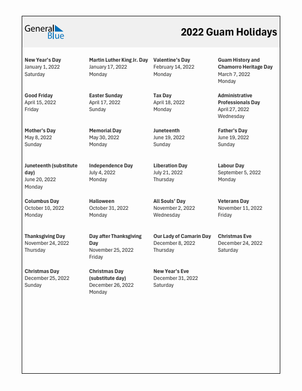 Free printable list of Guam holidays for year 2022