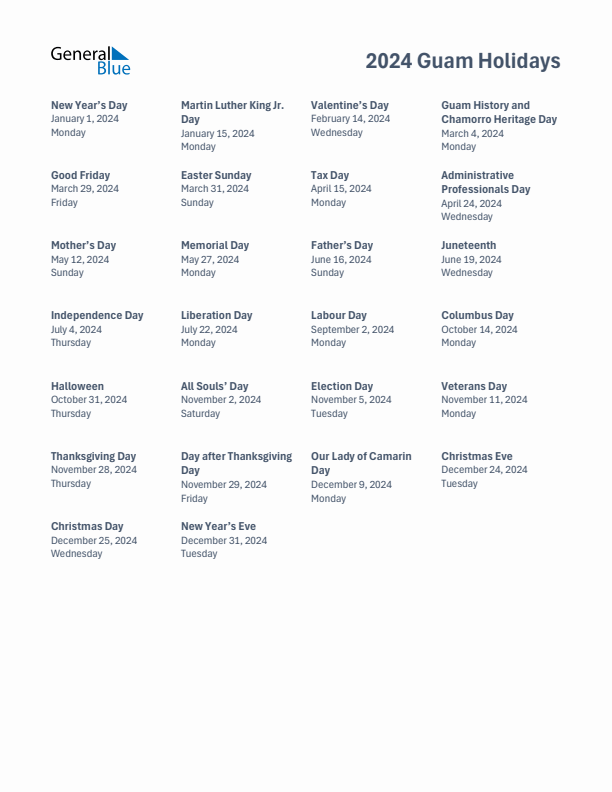 Free printable list of Guam holidays for year 2024