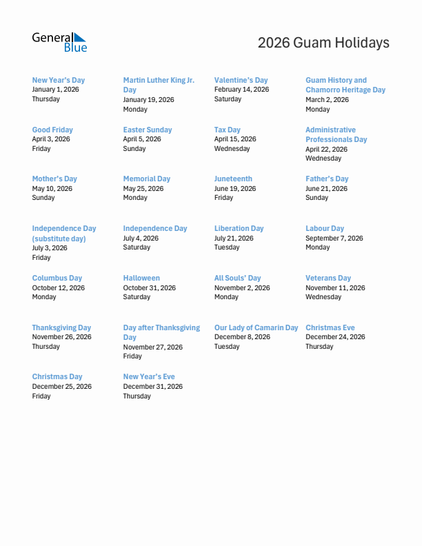 Free printable list of Guam holidays for year 2026