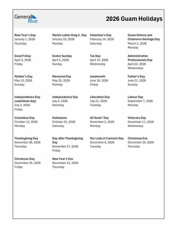 Free printable list of Guam holidays for year 2026