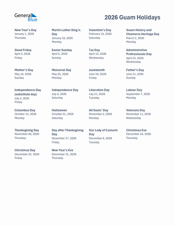 Free printable list of Guam holidays for year 2026