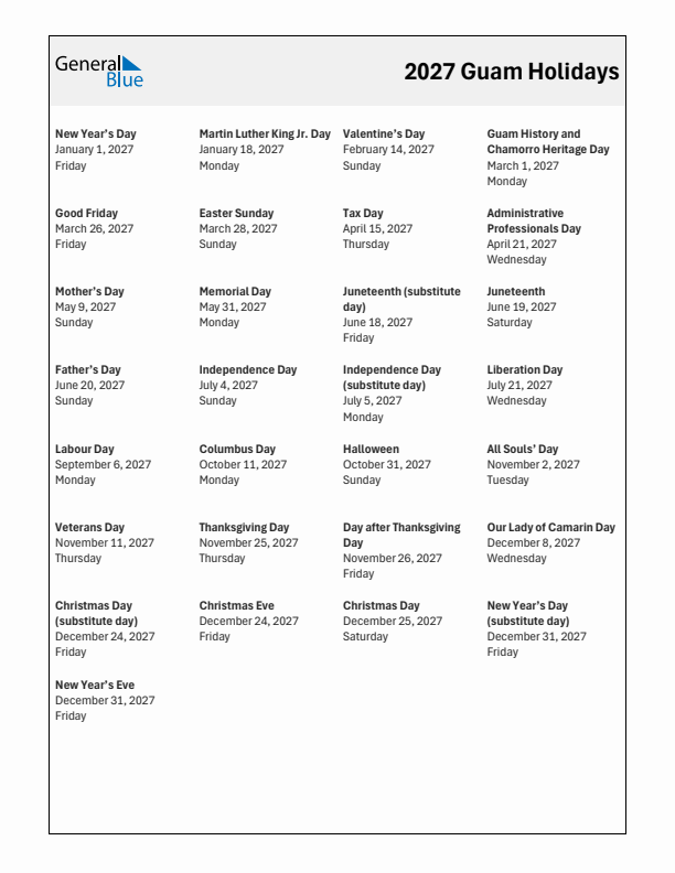 Free printable list of Guam holidays for year 2027