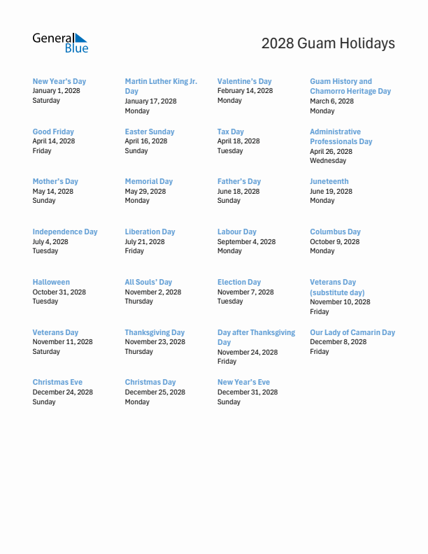 Free printable list of Guam holidays for year 2028