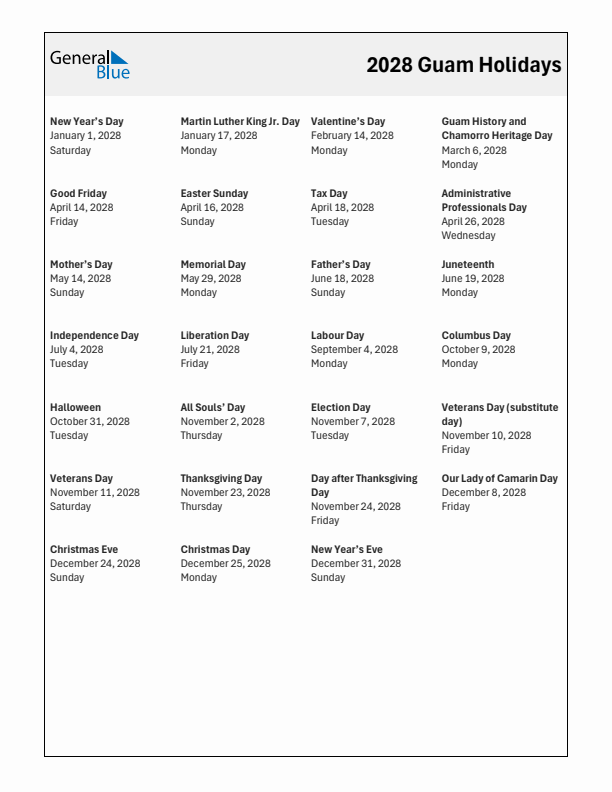 Free printable list of Guam holidays for year 2028