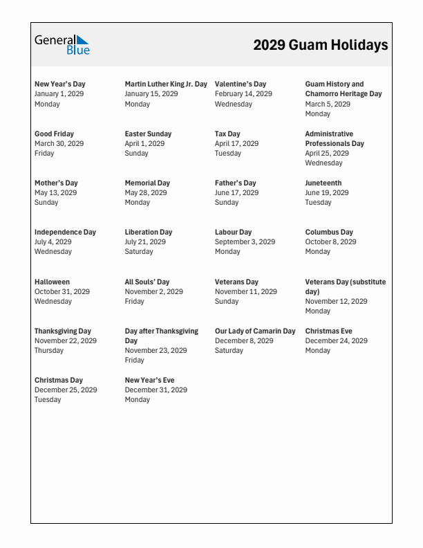 Free printable list of Guam holidays for year 2029