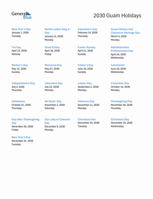 Free printable list of Guam holidays for year 2030