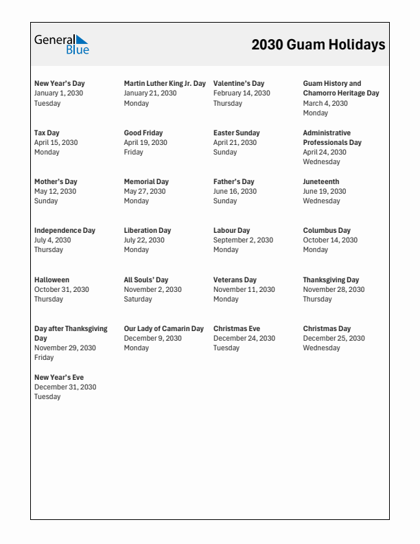 Free printable list of Guam holidays for year 2030