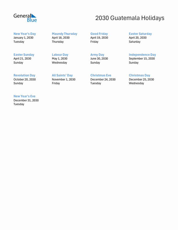 Free printable list of Guatemala holidays for year 2030