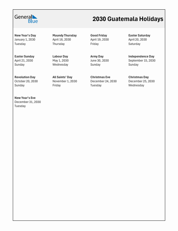 Free printable list of Guatemala holidays for year 2030